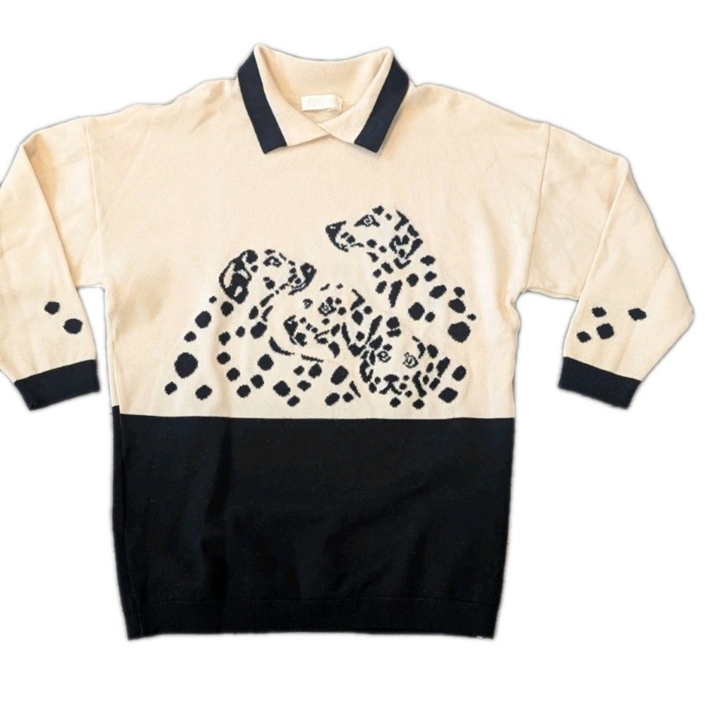 VTG ESCADA margaretha ley L/XL Collared Sweater Cream & Black Dalmation Jacquard